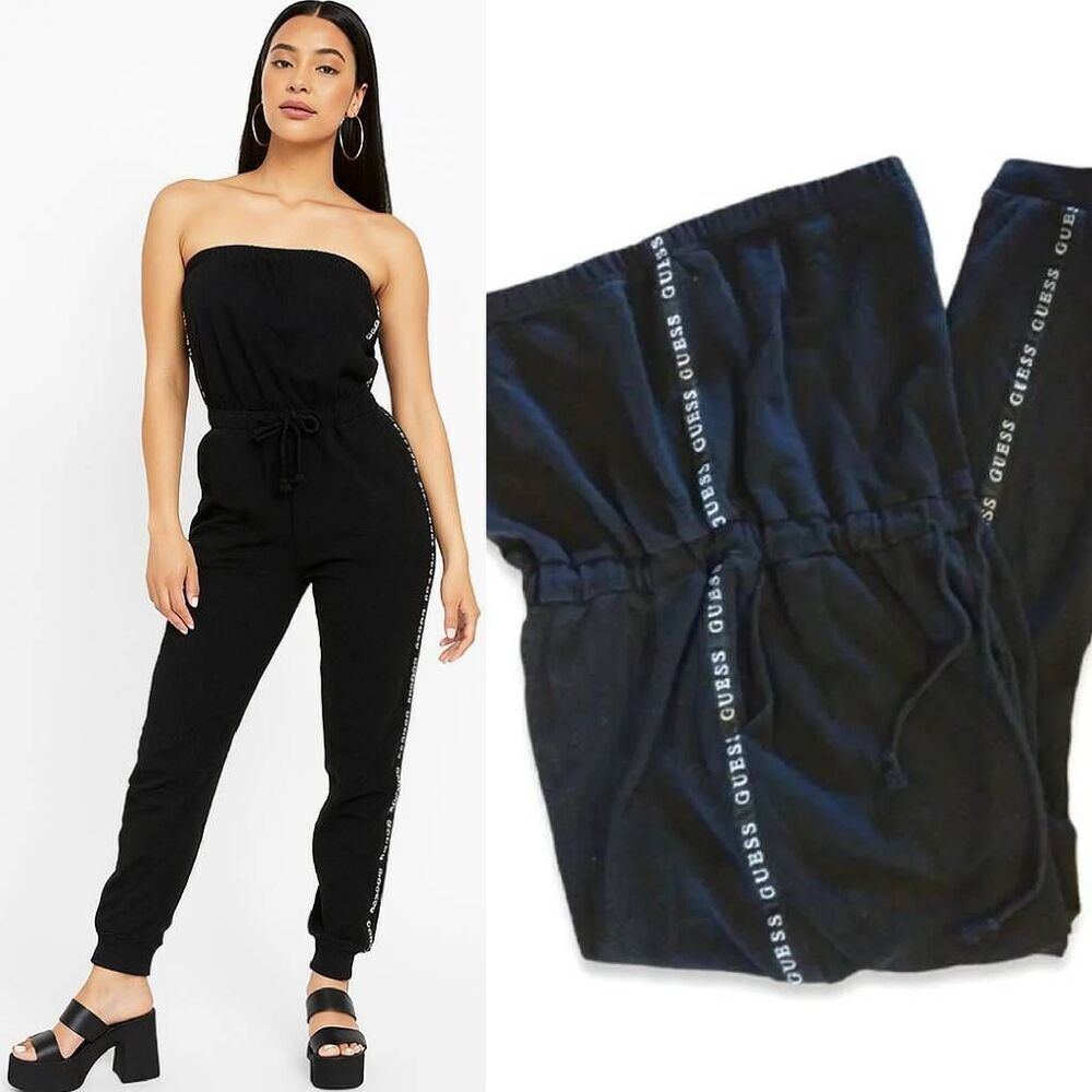 Guess‎ Y2K Black Strapless White Side Logo Tape Fleece Jumpsuit Large